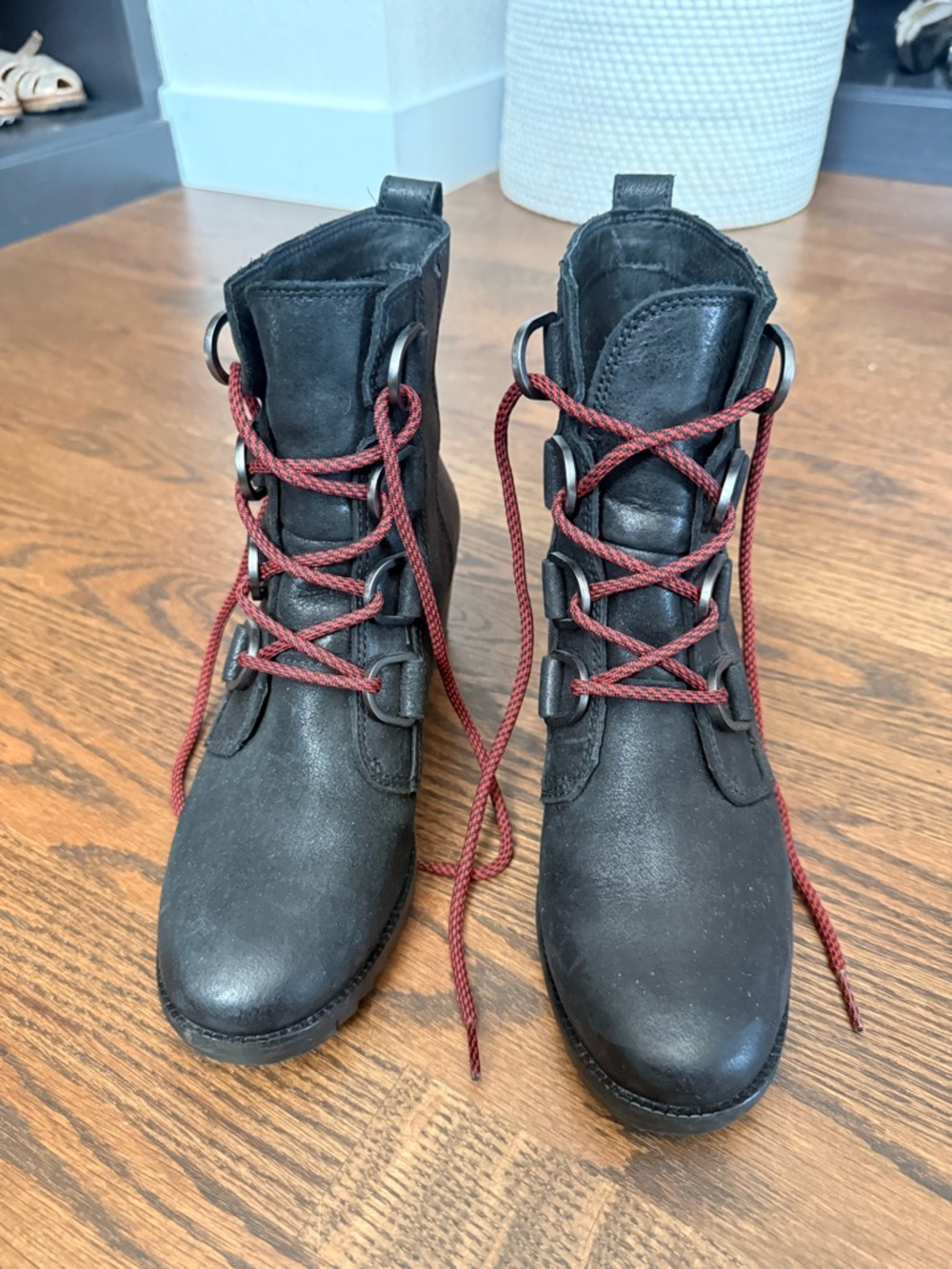 Sorel Black Ankle Boots with Red Lace-Up Detail